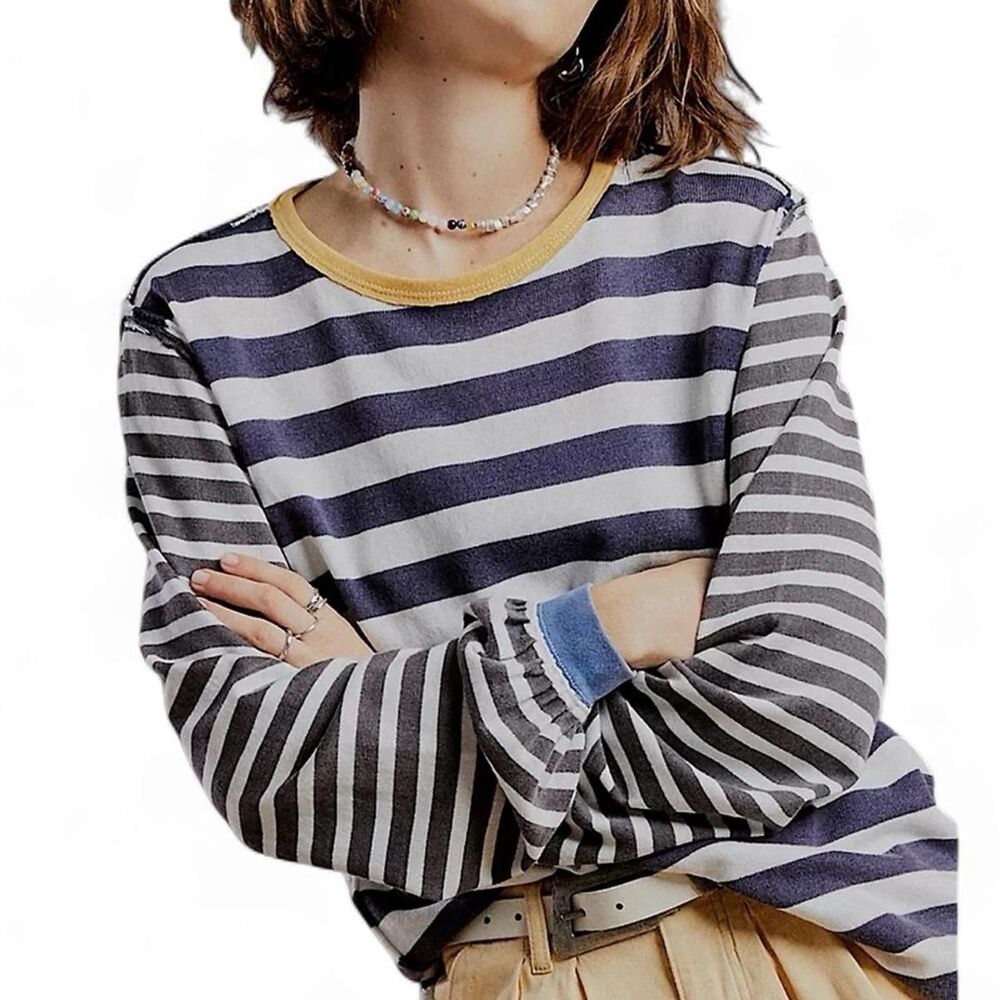 Free People S Striped Sawyer Stripe Thermal Henley T-Shirt Navy Cream Gold
